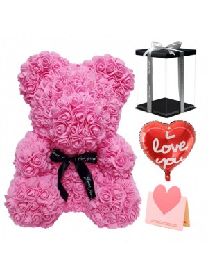 Pink Rose Teddy Bear Flower Bear with Balloon, Greeting Card & Gift Box for Mothers Day, Valentines Day, Anniversary, Weddings & Birthday