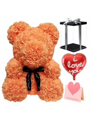 Orange Rose Teddy Bear Flower Bear with Balloon, Greeting Card & Gift Box for Mothers Day, Valentines Day, Anniversary, Weddings & Birthday