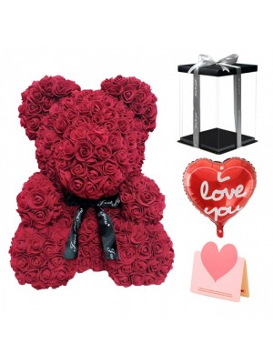 Burgundy Rose Teddy Bear Flower Bear with Balloon, Gree ting Card & Gift Box for Mothers Day, Valentines Day, Anniversary, Weddings & Birthday