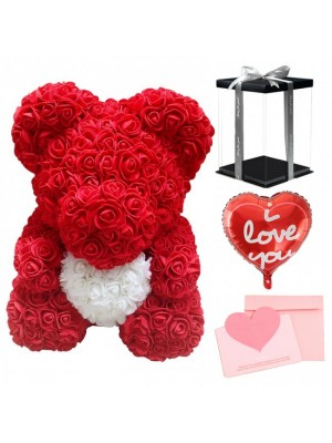 Red Rose Teddy Bear Flower Bear with White Heart with Balloon, Greeting Card & Gift Box for Mothers Day, Valentines Day, Anniversary, Weddings & Birthday