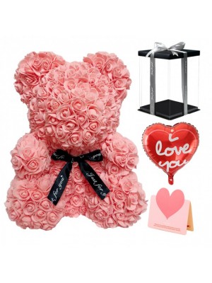 Pink Red Rose Teddy Bear Flower Bear with Balloon, Greeting Card & Gift Box for Mothers Day, Valentines Day, Anniversary, Weddings & Birthday