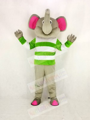 Gray Elephant with Green and White Cloth Mascot Costume Cartoon	