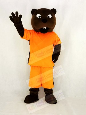 Realistic Sport Power Beaver in Orange Clothes Mascot Costume