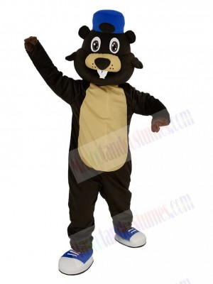 Brown Beaver with Blue Hat Mascot Costume