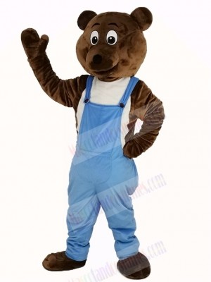 Dark Brown Bear in Blue Overalls Mascot Costume Animal