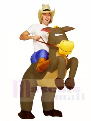 Cowboy Cowgirl Ride on Brown Horse Inflatable Halloween Xmas Costumes for Adult