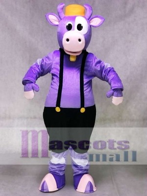 Cute Purple Cow with Overalls and Bell Mascot Costume