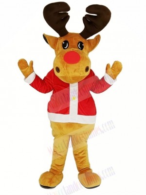 Brown Reindeer with Red Coat Mascot Costume Christmas Xmas