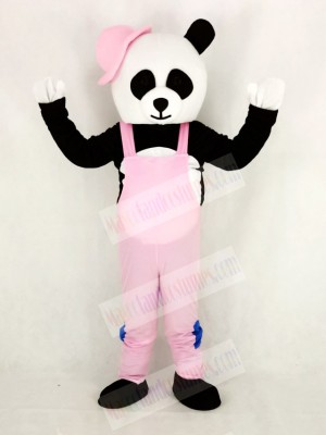 Panda with Pink Overalls and Hat Mascot Costume Cartoon