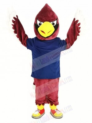 Red Cardinal Bird in Dark Blue Shirt Mascot Costume