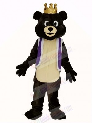 Dark Brown King Bear in Purple Waistcoat Mascot Costume Animal