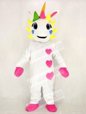 Realistic White Unicorn with Hearts and Colorful Horn Mascot Costume Cartoon