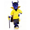 Blue Devil with Yellow Coat Mascot Costume Cartoon