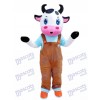 Cute Blue Eyes Cow with Brown Overalls Mascot Costume