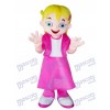 Yellow Hair Girl in Pink Dress Mascot Costume Cartoon