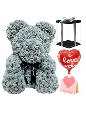 Grey Rose Teddy Bear Flower Bear with Balloon, Greeting Card & Gift Box for Mothers Day, Valentines Day, Anniversary, Weddings & Birthday