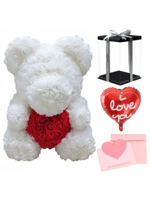 White Rose Teddy Bear Flower Bear with Red Heart with Balloon, Greeting Card & Gift Box for Mothers Day, Valentines Day, Anniversary, Weddings & Birthday