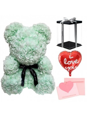 Light Green Rose Teddy Bear Flower Bear with Balloon, Greeting Card & Gift Box for Mothers Day, Valentines Day, Anniversary, Weddings & Birthday