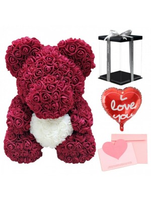 Burgundy Rose Teddy Bear Flower Bear with White Heart with Balloon, Greeting Card & Gift Box for Mothers Day, Valentines Day, Anniversary, Weddings & Birthday