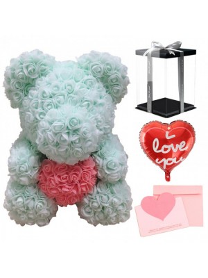 Light Green Rose Teddy Bear Flower Bear with Pink Heart with Balloon, Greeting Card & Gift Box for Mothers Day, Valentines Day, Anniversary, Weddings & Birthday