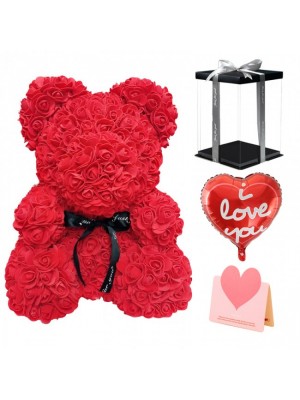 Red Rose Teddy Bear Flower Bear Gift for Mothers Day, Valentines Day, Anniversary, Weddings & Birthday with Balloon, Greeting Card & Clear Gift Box Included 10 Inches