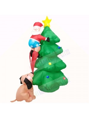 6ft Inflatable Santa Claus Climbing on Christmas Tree Chased by Dog with LED Lights Holiday Decoration Outdoor Yard Lawn Art Decor