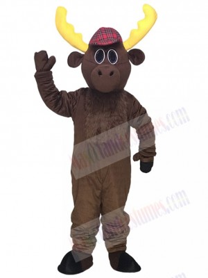 Cute Dark Brown Hunter Moose with Hat Mascot Costumes Animal