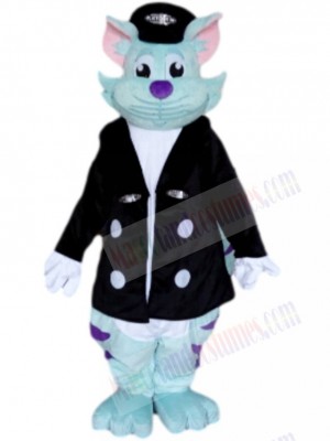 Blue Cat Mascot Costume Animal in Black Jacket