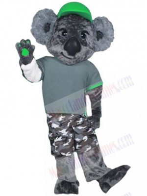 Grey Koala Joe Mascot Costume Animal wearing Green Hat