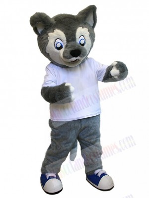 White T-shirt Grey Baby Wolf Mascot Costume Animal