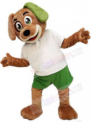 Brown Dog Mascot Costume in White and Green Outfit Animal