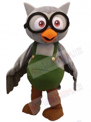 Cute Grey Owl Mascot Costume wear Glasses Animal