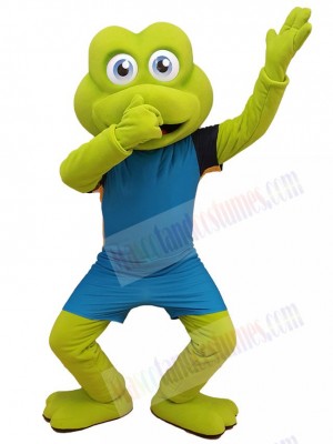 Green Frog Mascot Costume in Blue Jersey Animal