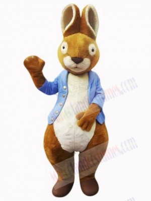 Brown Easter Bunny Mascot Costume Animal in Blue Shirt