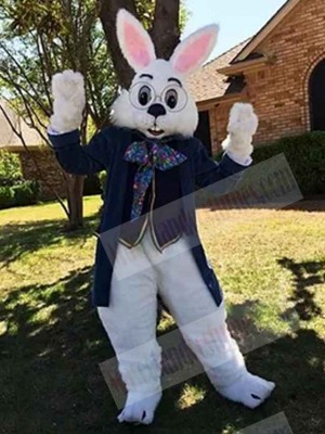 Friendly Easter Bunny Mascot Costume Animal in Blue Suit