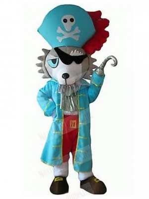 Gray and White Wolf Dog Mascot Costume with Blue Pirate Clothe Animal