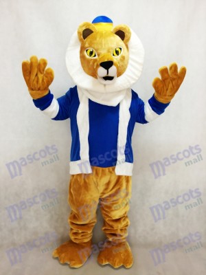Cute King Lionel Lion Mascot Costume with Blue Clothes and Crown