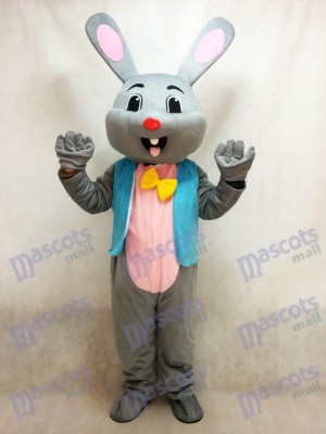 Easter Grey Bunny Rabbit Hare Mascot Costume in Blue Vest