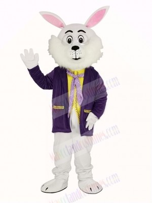White Easter Bunny Rabbit in Purple Coat Mascot Costume
