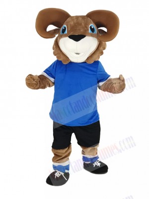 Brown Ram with Blue T-shirt Mascot Costume Animal