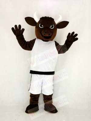 Brown Sport Power Bull with White Suit Mascot Costume College