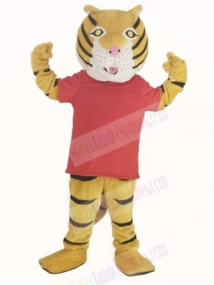 Happy Tiger in Red T-shirt Mascot Costume