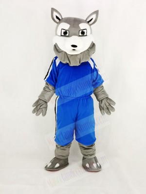 Power Gray Husky Dog with Blue T-shirt Mascot Costume Cartoon