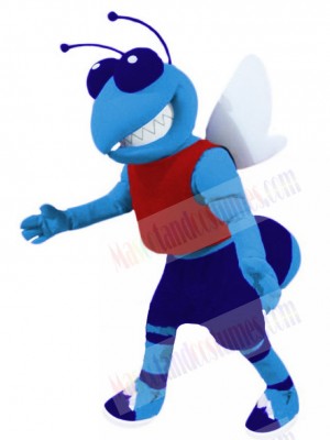 Blue Hornet Mascot Costume Animal in Red Vest