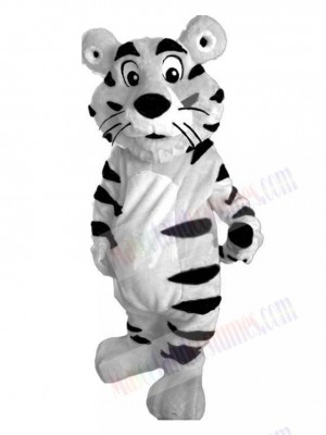 Cute White Tiger with Black Stripes Mascot Costume