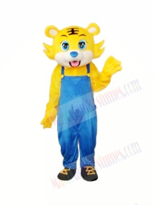 Yellow Tiger in Blue Overall Mascot Adult Costume Free Shipping 