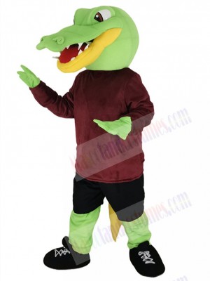 Green Alligator Mascot Costume in Maroon Shirt Animal