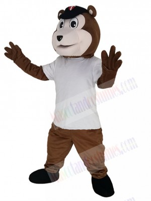 Baseball Brown Bear in White T-shirt Mascot Costume