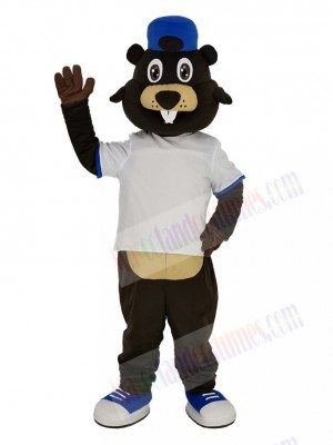 Brown Beaver in White T-shirt Mascot Costume