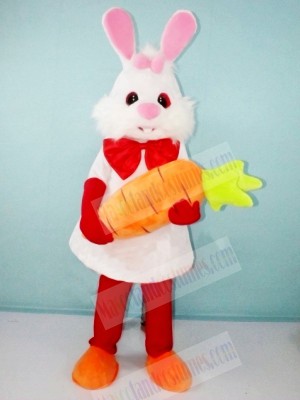 White Bunny Rabbit with Carrot Mascot Costumes Cartoon